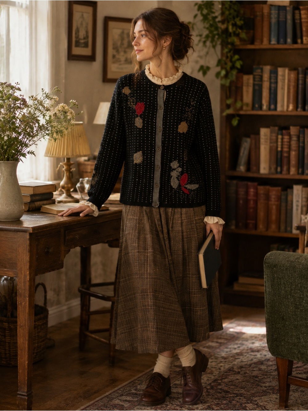 Vintage Fall Embroidered Cardigan Women's Medium Leaves Grandma Wool Birds Eye